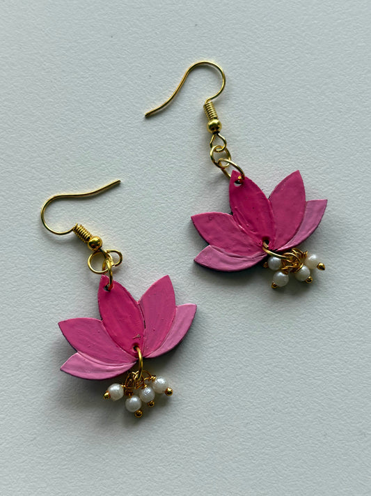 Pink Lotus Bloom Earrings – Handcrafted Elegance with Pearl Drops