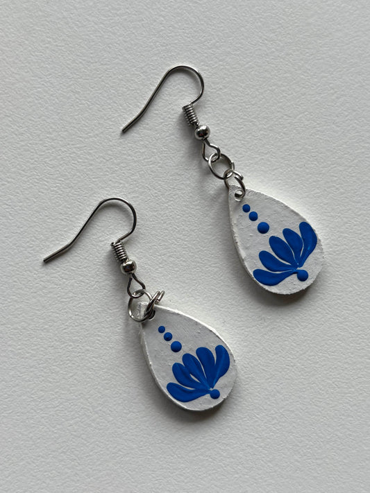Blue Blossom Teardrop Earrings – Minimal Handpainted Mandala Charm