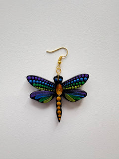 Mystic Dragonfly Mandala Earrings – Handpainted Art in Peacock Shades