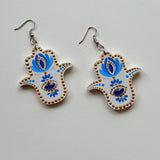 White & Blue Hamsa Hand Mandala Earrings – Touch of Gold Elegance