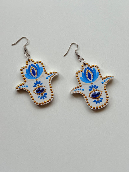 White & Blue Hamsa Hand Mandala Earrings – Touch of Gold Elegance