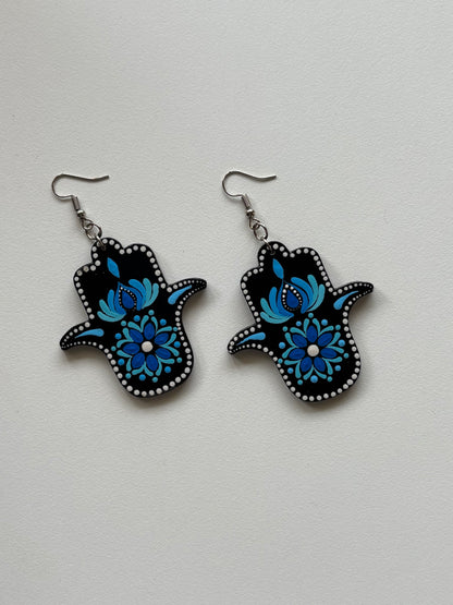 Hamsa Hand Dot Mandala Earrings – Shades of Blue