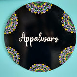 Purple & Yellow Floral Dot Mandala Round Nameplate – 16 inch – Hand-painted Personalized Door/Wall Sign