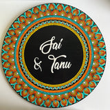 Orange & Teal Floral Dot Mandala Round Nameplate – 16" – Hand-painted Personalized Door/Wall Sign