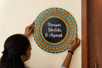 Orange & Teal Floral Dot Mandala Round Nameplate – 16" – Hand-painted Personalized Door/Wall Sign