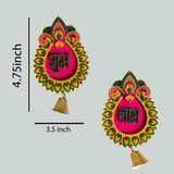 Handpainted Shubh Labh Wall Hanging with Decorative Bells – Pear Drop Design in Pink , Yellow  & Green (Approx. 4x3 Inch)
