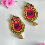 Handpainted Shubh Labh Wall Hanging with Decorative Bells – Pear Drop Design in Pink , Yellow  & Green (Approx. 4x3 Inch)