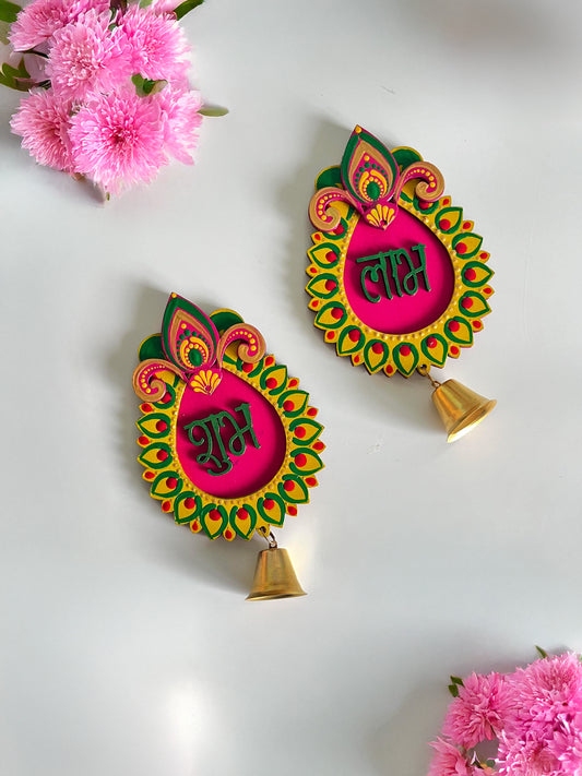 Handpainted Shubh Labh Wall Hanging with Decorative Bells – Pear Drop Design in Pink , Yellow  & Green (Approx. 4x3 Inch)