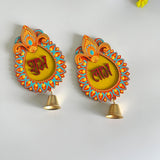 Handpainted Shubh Labh Wall Hanging with Decorative Bells – Pear Drop Design in Yellow, Orange & Blue (Approx. 4x3 Inch)