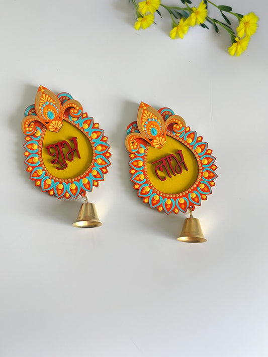 Handpainted Shubh Labh Wall Hanging with Decorative Bells – Pear Drop Design in Yellow, Orange & Blue (Approx. 4x3 Inch)