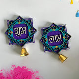 Handpainted Shubh Labh Wall Hanging with Decorative Bells – Turquoise & Purple Square (4x4 Inch)