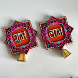 Handpainted Shubh Labh Wall Hanging with Decorative Bells – Orange & Pink Square (4x4 Inch)