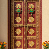 Handpainted Shubh Labh Wall Hanging with Decorative Bells – Red & Green Square (4x4 Inch)