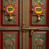 Handpainted Shubh Labh Wall Hanging with Decorative Bells – Pink & yellow Square (4x4 Inch)