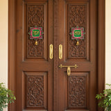 Handpainted Shubh Labh Wall Hanging with Decorative Bells – Pink & Green Square (4x4 Inch)