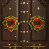 Handpainted Shubh Labh Wall Hanging – Flower Design in Green & Orange (4x4 Inch)