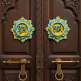 Handpainted Shubh Labh Wall Hanging – Flower Design in Teal and Yellow  (4x4 Inch)