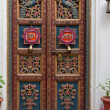 Handpainted Shubh Labh Wall Hanging with Decorative Bells – Orange & Pink Square (4x4 Inch)