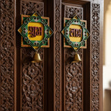 Handpainted Shubh Labh Wall Hanging with Decorative Bells – Green & Yellow Square (4x4 Inch)
