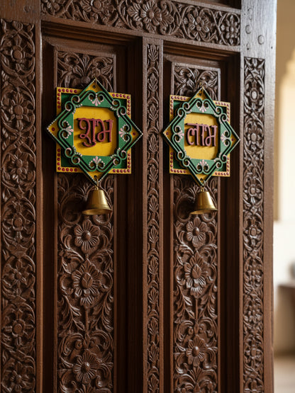 Handpainted Shubh Labh Wall Hanging with Decorative Bells – Green & Yellow Square (4x4 Inch)