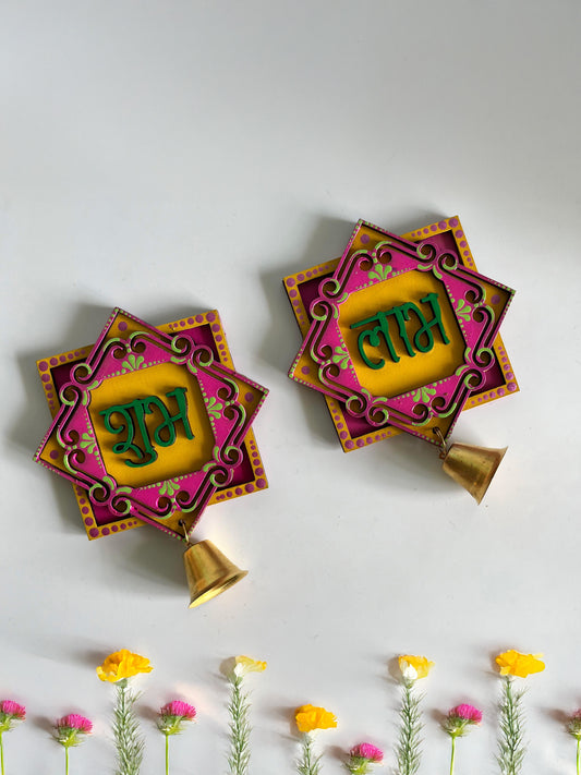 Handpainted Shubh Labh Wall Hanging with Decorative Bells – Pink & yellow Square (4x4 Inch)