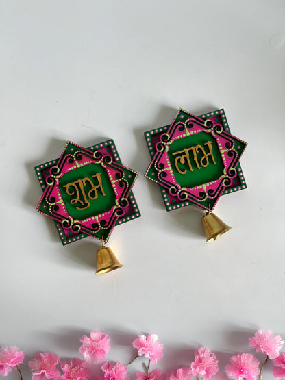 Handpainted Shubh Labh Wall Hanging with Decorative Bells – Pink & Green Square (4x4 Inch)