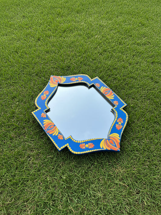 Hand-Painted Lotus Dot Mandala Art Mirror – 12” Jharokha Style Ornate Frame | Royal Blue