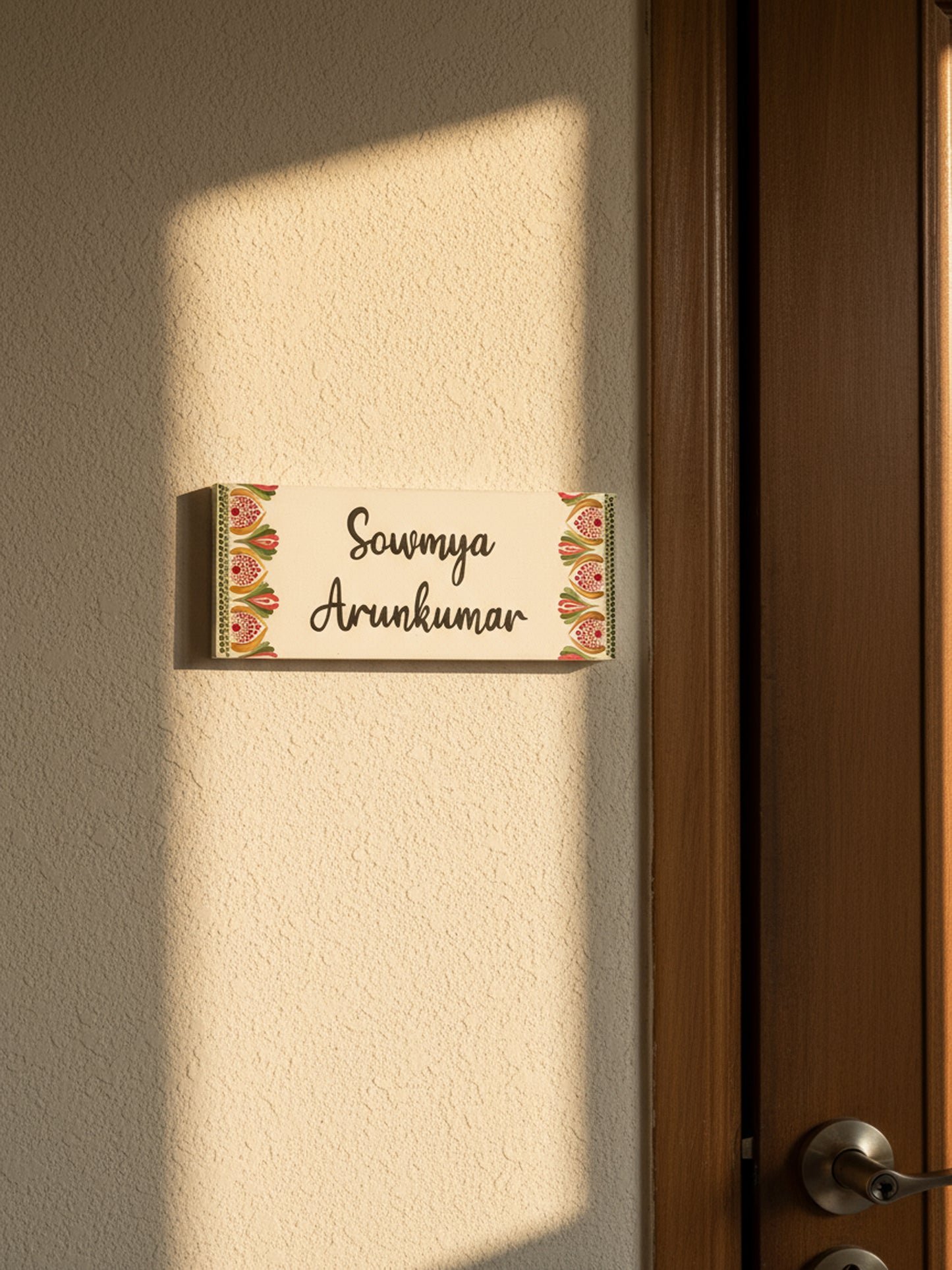 Elegant White Wooden Nameplate with Floral Borders