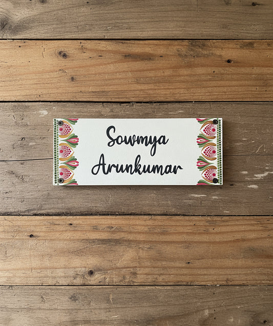 Elegant White Wooden Nameplate with Floral Borders