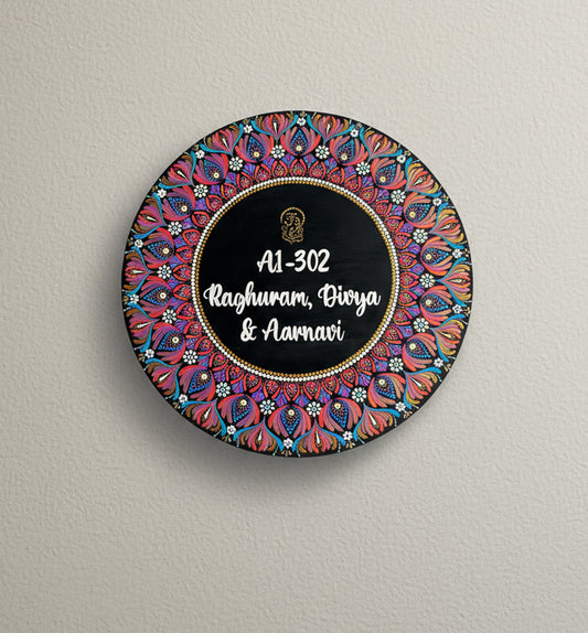 Traditional Mandala Round Wooden Name Board with Ganesha