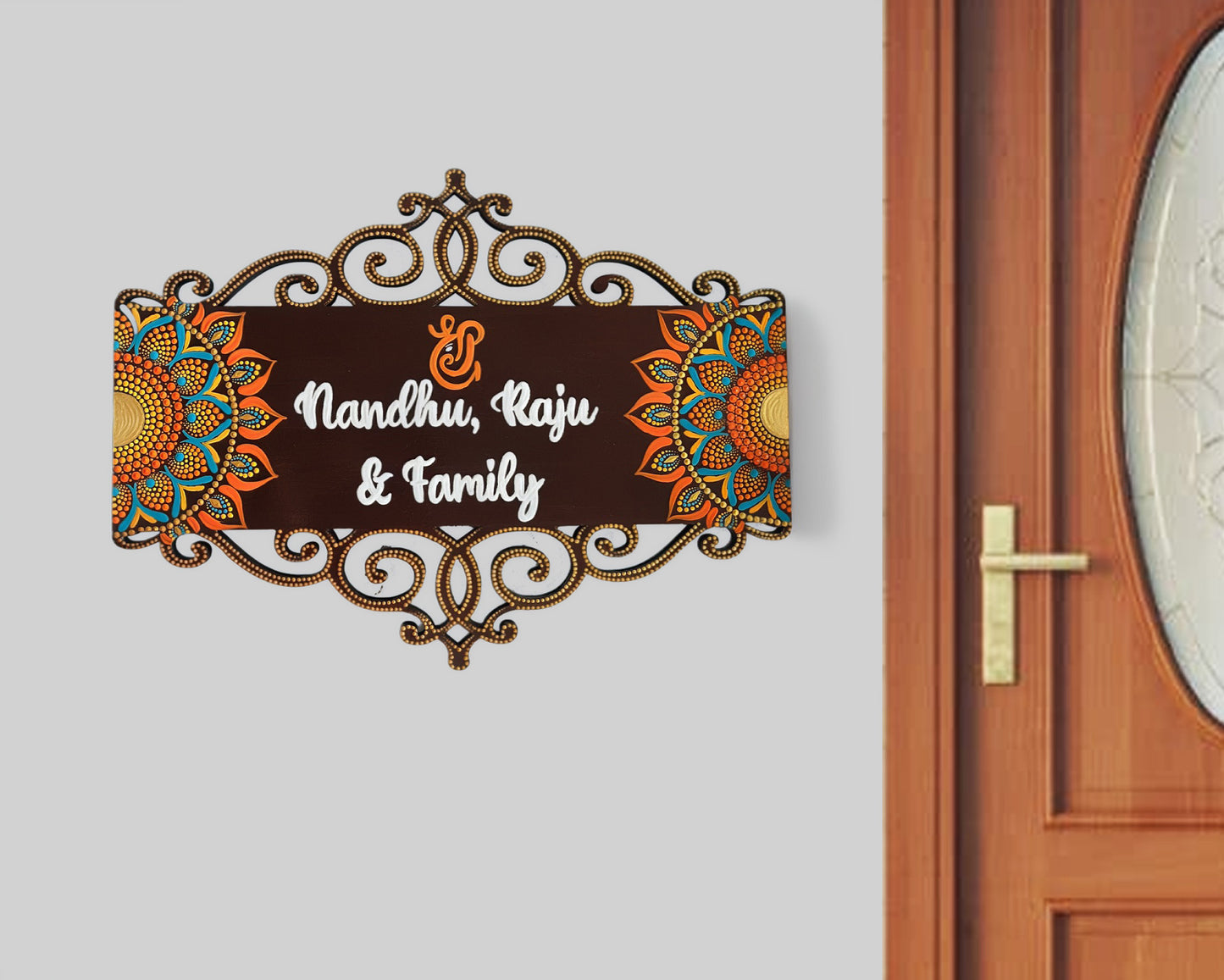 Elegant Cutwork Wooden Name Board with Ganesha Symbol