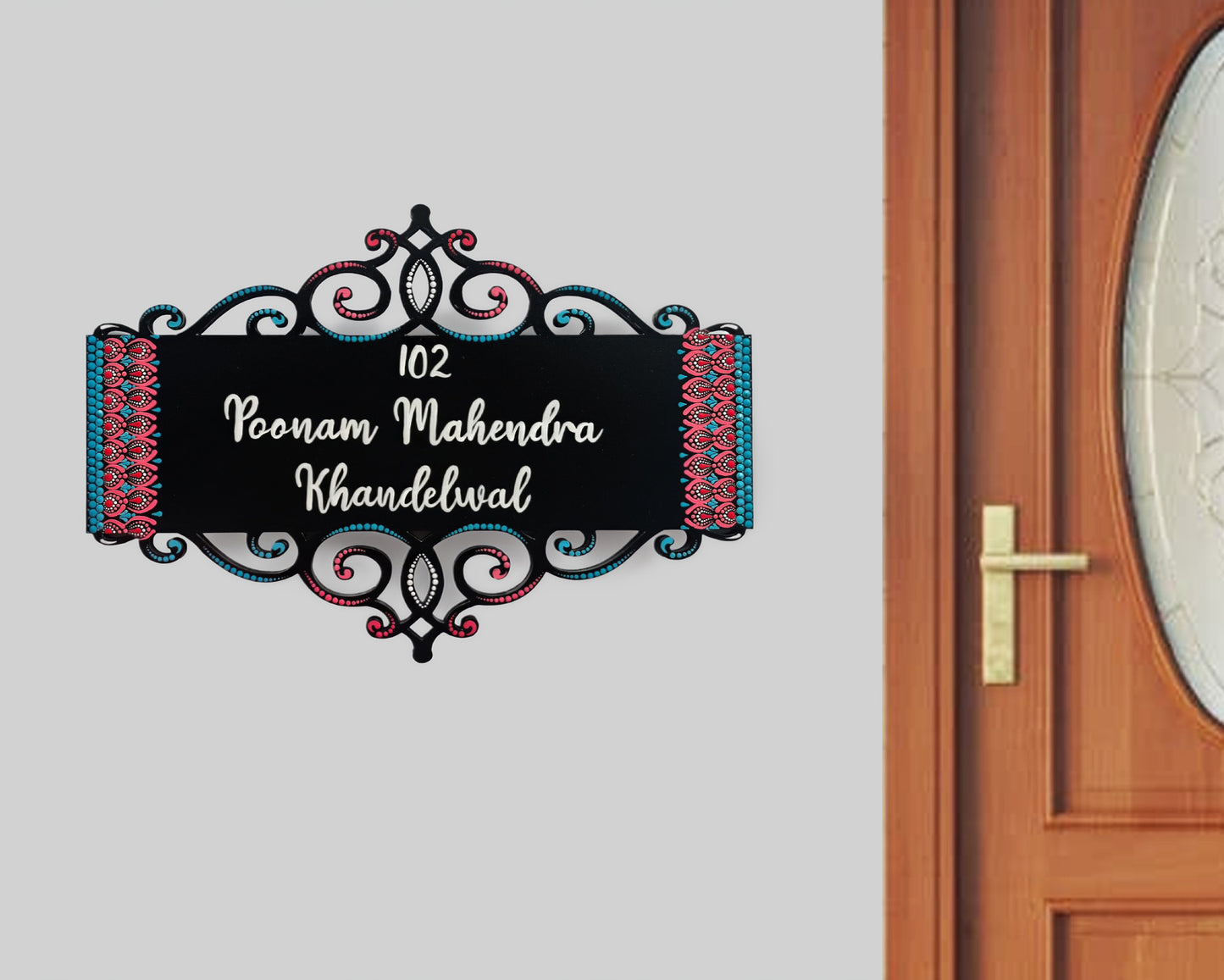 Elegant Rectangular Cutwork Nameplate with Pink & Teal Dot Mandala Borders