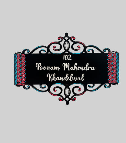 Elegant Rectangular Cutwork Nameplate with Pink & Teal Dot Mandala Borders