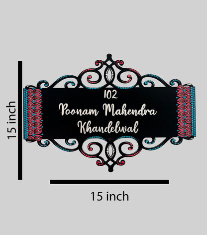 Elegant Rectangular Cutwork Nameplate with Pink & Teal Dot Mandala Borders